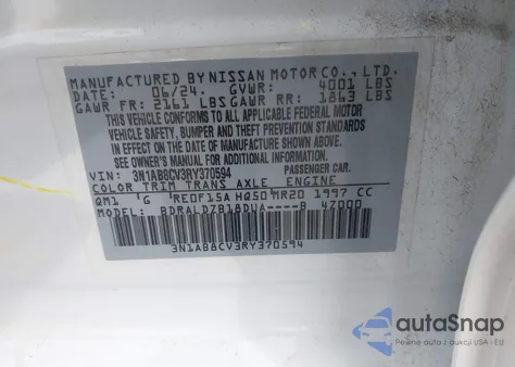2024 Nissan Sentra Sv Xtronic Cvt z USA, uszkodzony, nr VIN 3N1AB8CV3RY370594